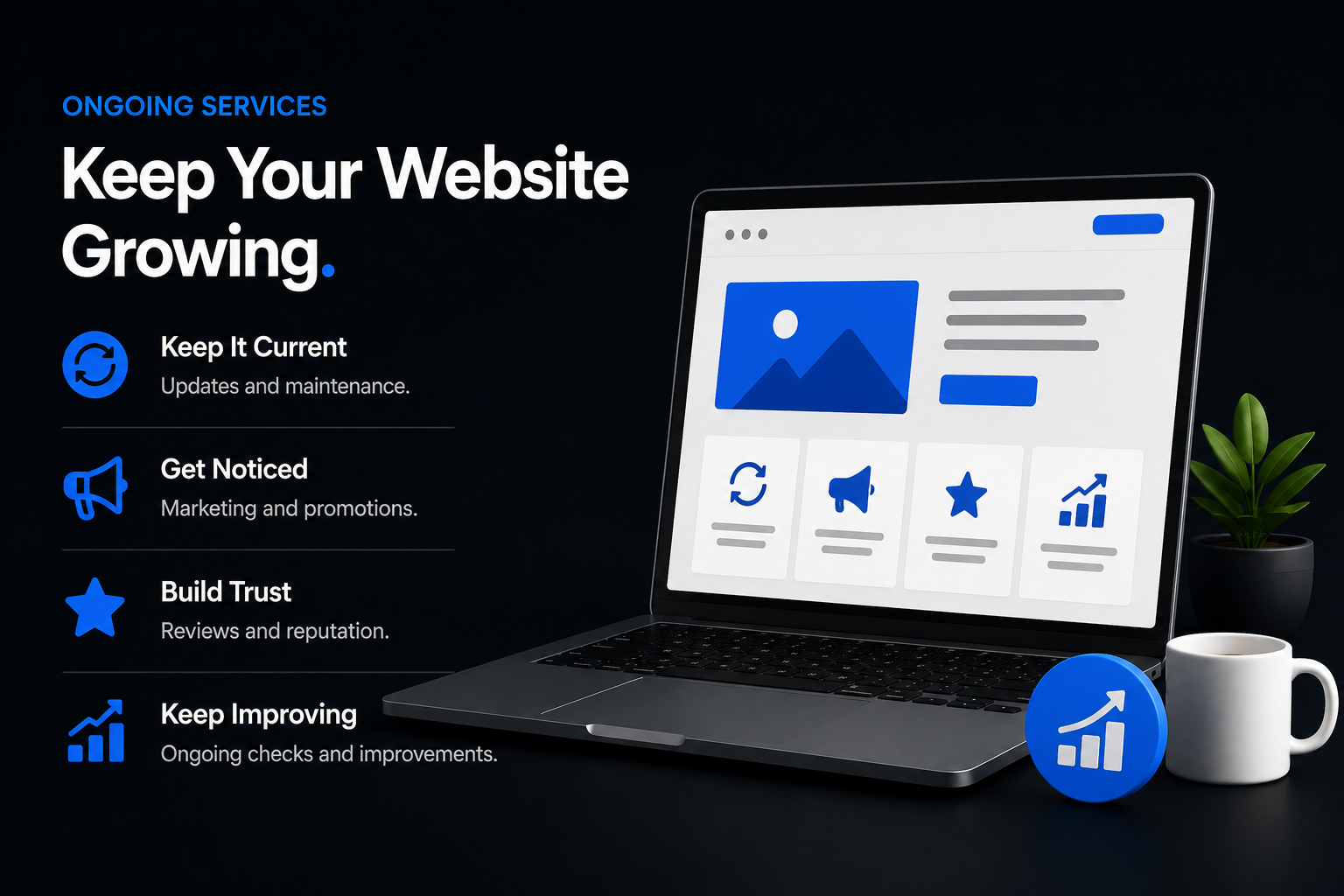 Ongoing services: keeping a website current, getting noticed, building trust, and improving